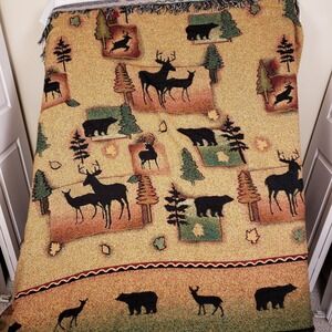 Vintage Wildlife Woven Tapestry Throw Blanket Large Bear Deer Cabin Lodge Decor